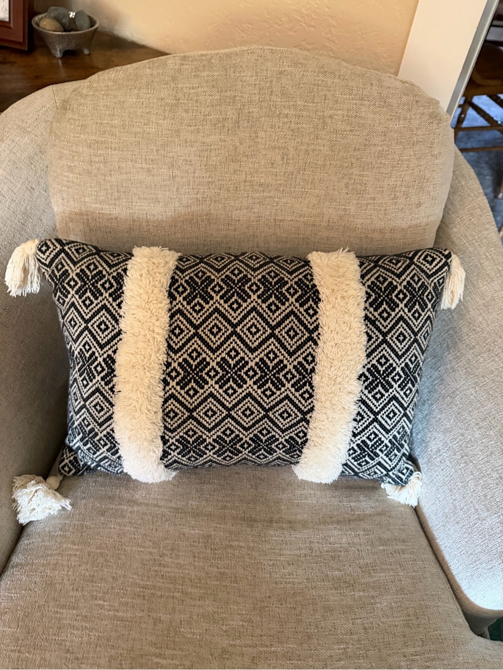 Marshalls Black and Cream Geometric Diamond Accent Pillow with Tassels
